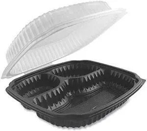 Anchor Packaging cL9931 culinary Lites, 3-compartment, 9x9, Vented Hinged container, Black Bottom, clear Lid, 100case