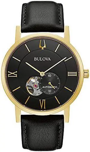 Bulova Mens American clipper Automatic Leather Strap Watch, Open Aperture,Black Strapgold Tone