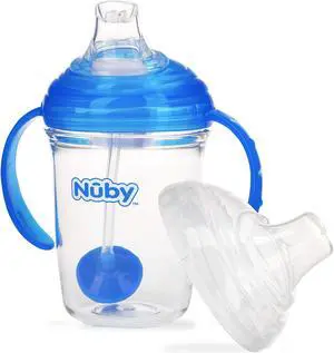 Nuby 360 Grip N' Sip Trainer Cup with Weighted Straw & Hygienic Cover - 8 oz - Spill-Resistant Baby Cup - 4+ Months - Blue Nuby 360 Grip N' Sip Trainer Cup with Weighted Straw & Hygienic Cover - 8 oz - Spill-Resistant Baby Cup - 4+ Months - Blue