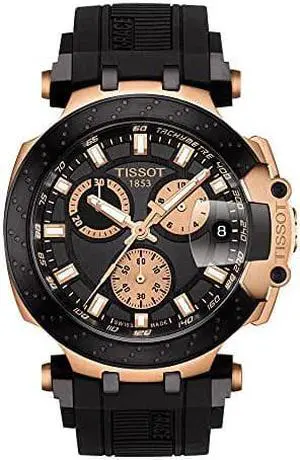 Tissot Mens T-Race Chrono Quartz 316L Stainless Steel case with Black and Rose Gold PVD Coating Swiss Silicone Strap, 22 Casual Watch (Model: T1154173705100)