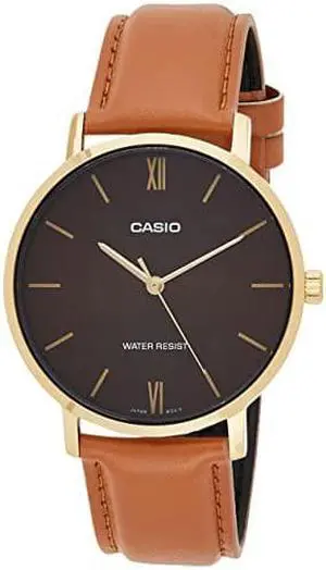 casio MTP-VT01gL-5B Mens Minimalistic gold Tone Brown Leather Band Burgundy Dial 3-Hand Analog Watch