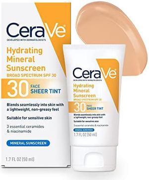 CeraVe Tinted Sunscreen with SPF 30  Hydrating Mineral Sunscreen With Zinc Oxide  Titanium Dioxide  Sheer Tint for Healthy Glow  17 Fluid Ounce