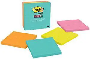Post-it Super Sticky Notes, 4x4 in, 4 Pads, 2x the Sticking Power, Miami Collection, Neon Colors (Orange, Pink, Blue, Green), Recyclable (675-4SSMIA)