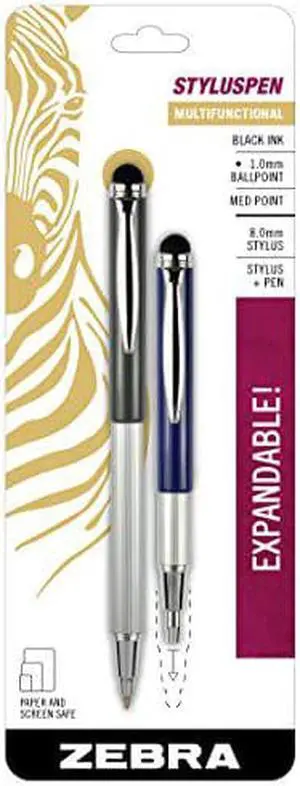 Zebra StylusPen Telescopic Ballpoint Pen, Medium Point, 1.0mm, Black Ink, Grey and Navy Barrels, 2-Count Zebra StylusPen Telescopic Ballpoint Pen, Medium Point, 1.0mm, Black Ink, Grey and Navy Barrels, 2-Count