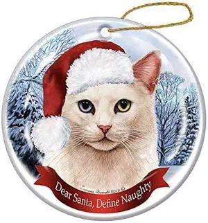 Holiday Gift White Shorthair Cat Odd Eyes Santa Hat Porcelain Christmas Ornament Holiday Gift White Shorthair Cat Odd Eyes Santa Hat Porcelain Christmas Ornament