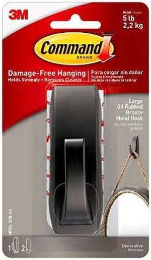 Command Large Modern Reflections Metal Hook, Oil Rubbed Bronze, 1-Hook, 2-Strips, Decorate Damage-Free