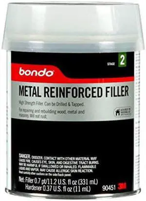 Bondo Metal Reinforced Filler - High Strength Filler, Can be Drilled and Tapped - Will Not Rust, 11.2 Fl oz with 0.37 oz Hardener Bondo Metal Reinforced Filler - High Strength Filler, Can be Drilled and Tapped - Will Not Rust, 11.2 Fl oz with 0.37 oz Hardener