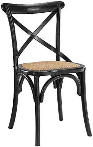 Modway Gear Rustic Modern Farmhouse Elm Wood Rattan Dining Chair in Black