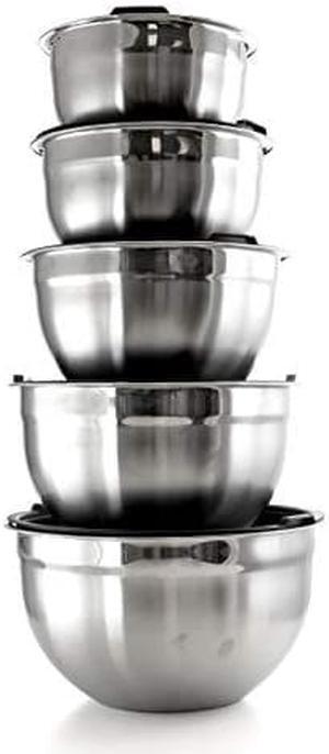 Megachef Stackable Mixing Bowl Set with Lids, 5 Piece Assorted Size, Silver Chrome