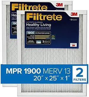 Filtrete 20x25x1, AC Furnace Air Filter, MPR 1900, Healthy Living Ultimate Allergen, 2-Pack (exact dimensions 19.69 x 24.69 x 0.78)
