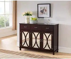 Pilaster Designs Espresso Wood Sideboard Buffet Server Console Table with Storage Drawers & Mirrored Cabinet Doors, Cherry