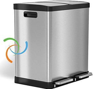 iTouchless 16 Gallon Dual Step Trash Can & Recycle, Stainless Steel Lid and Bin Body with Handle, Includes 2 x 8 Gallon (60L) Removable Buckets are Color-Coded, Soft-close and Airtight Lid, Silver