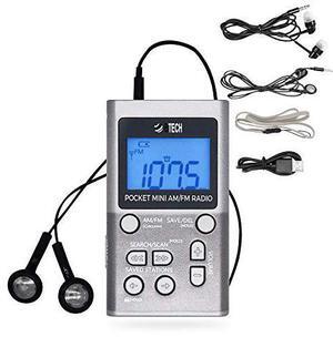 BTECH MPR-AF1 AM FM Personal Radio with Two Types of Stereo Headphones, Clock, Great Reception and Long Battery Life, Mini Pocket Walkman Radio with Headphones (Silver)