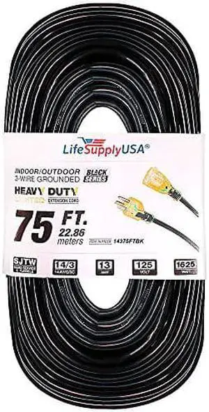 75 ft Extension Cord 14/3 SJTW with Lighted end - Black - Indoor / Outdoor Heavy Duty Extra Durability 13 AMP 125 Volts 1625 Watts by LifeSupplyUSA 75 ft Extension Cord 14/3 SJTW with Lighted end - Black - Indoor / Outdoor Heavy Duty Extra Durability 13 AMP 125 Volts 1625 Watts by LifeSupplyUSA
