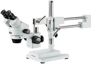 AmScope SM-4B Professional Binocular Stereo Zoom Microscope, WH10x Eyepieces, 7X-45X Magnification, 0.7X-4.5X Zoom Objective, Double-Arm Boom Stand