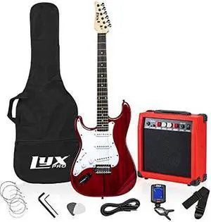 LyxPro Left Hand 39 Inch Electric Guitar and Starter Kit for Lefty Full Size Beginners Guitar, Amp, Six Strings, Two Picks, Shoulder Strap, Digital Clip On Tuner, Guitar Cable and Soft Case - Red