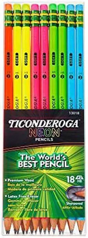 Ticonderoga Neon Pencils, #2 Pre-Sharpened Wood Pencils with Erasers, 18-Count, 13018