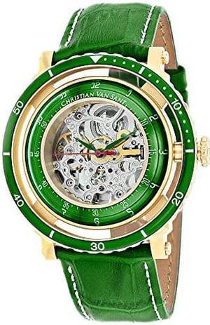 Christian Van Sant Mens Dome Stainless Steel Automatic Watch with Leather Strap, Green, 21 (Model: CV0751)