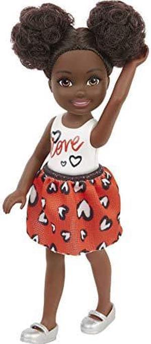 Barbie Chelsea Doll (6-inch Brunette) Wearing Skirt with Heart Print and Metallic Shoes, Gift for 3 to 7 Year Olds