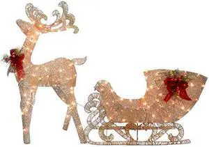 National Tree Company DF140009U  Champagne Reindeer Pulling Sleigh - AC Power - Warm White LED Lights - 13.5" x 24" x 48" Reindeer - 13.5" x 38.5" x 24" Sleigh
