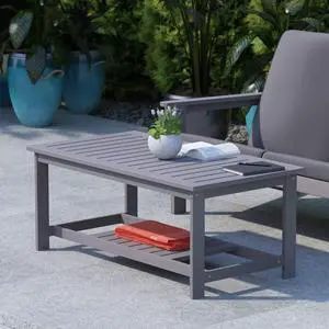 Flash Furniture charlestown Two Tiered Adirondack coffee Table-Finish Poly Resin Wood-All-Weather-Slatted Shelf Design 23.75 gray
