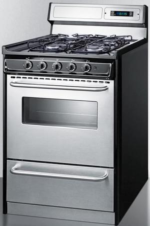 Summit Appliance TTM6307BKSW 24 Wide gas Range in Stainless Steel with Sealed Burners High Backguard clockTimer Oven Window Towel Bar Handles and Electronic Ignition