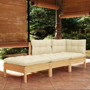 vidaXL 3 Piece Patio Lounge Set with Cream Cushions Solid Pinewood