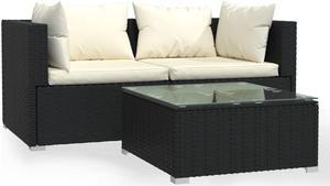 vidaXL 3 Piece Patio Lounge Set with Cushions Black Poly Rattan