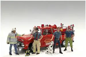 "Firefighters" 6 Piece Figure Set (4 Males 1 Dog 1 Accessory) For 1/24 Scale Models By American Diorama