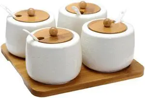 Elama Ceramic Spice, Jam And Salsa Jars With Bamboo Lids &Amp; Serving Spoons