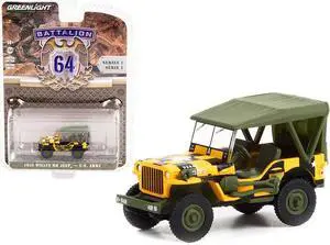 1943 Willys MB Jeep Yellow and Black with Green Top "Follow Me" U.S. Army "Battalion 64" Release 1 1/64 Diecast Model Car by Greenlight