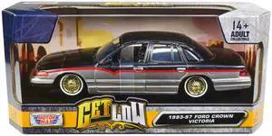 1993-1997 Ford Crown Victoria Lowrider Black Metallic and Silver with Red Stripes "Get Low" Series 1/24 Diecast Model Car by Motormax