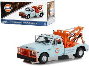1969 Chevrolet C-30 Dually Wrecker Tow Truck "Gulf Oil Welding Tire Collision" Light Blue with Orange 1/18 Diecast Car Model by Greenlight