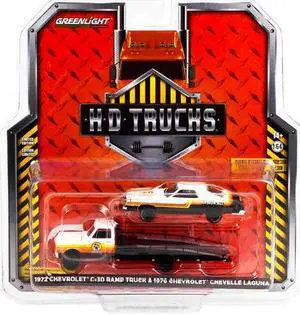 1972 Chevrolet C-30 Ramp Truck with 1976 Chevrolet Chevelle Laguna Black and White with Stripes "Armor All" "H.D. Trucks" Series 23 1/64 Diecast Model Car by Greenlight