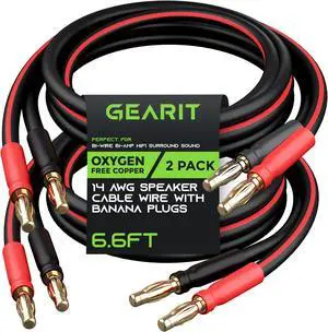 GearIT 14 AWG Speaker Cable Wire with Banana Plugs (2 Pack, 6.6 Feet - 2 Meter) 14Ga Gauge Banana Wire for Bi-Wire Bi-Amp HiFi Surround Sound - 99.9% OFC Copper, Gold Plated Tips - Black, 6 Ft