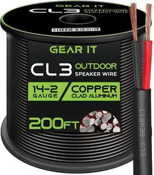 GearIT 14/2 Speaker Wire (200 Feet) 14 Gauge (Copper Clad Aluminum) - Outdoor Direct Burial in Ground/in Wall / CL3 CL2 Rated / 2 Conductors - CCA, Black 200ft