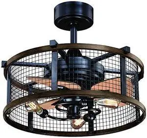 Humboldt Bronze and Teak Industrial Farmhouse Cage Ceiling Fan with LED Light Kit and Remote