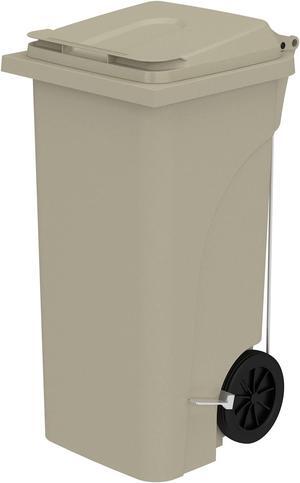 Safco Products 9926TN Rolling Mobile Plastic Step-On Trash Can for Hands-Free Disposal, Great for Home/Commercial Use, 32 Gallon, Tan