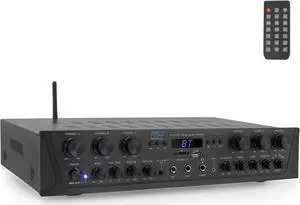 Home Audio Amplifier with Bluetooth - 6 Channel 600 Watt Peak Power, Karaoke with Echo, 2 Mic Input with Talkover, Headphone In, USB A MP3 Player with SD Reader - Home, Commercial, Worship Home Audio Amplifier with Bluetooth - 6 Channel 600 Watt Peak Power, Karaoke with Echo, 2 Mic Input with Talkover, Headphone In, USB A MP3 Player with SD Reader - Home, Commercial, Worship