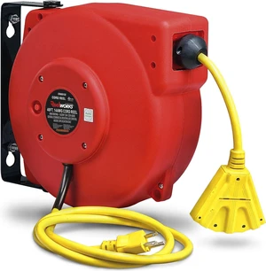 Extension Cord Reel Retractable, 14AWG x 40' Ft 3C SJT, Wall Mount Kit, 3 Outlet / Triple Tap Connector Extension Cord Reel Retractable, 14AWG x 40' Ft 3C SJT, Wall Mount Kit, 3 Outlet / Triple Tap Connector