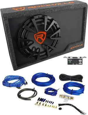 RWS12CA 12" Powered Car Subwoofer Enclosure with RWK81 Wire Kit | 1200W Peak / 300W RMS, Slim Sealed MDF, RCA and High-Level Inputs, Low-Pass Crossover, Bass Knob, 8-Gauge Amp Kit, 2-Items RWS12CA 12" Powered Car Subwoofer Enclosure with RWK81 Wire Kit | 1200W Peak / 300W RMS, Slim Sealed MDF, RCA and High-Level Inputs, Low-Pass Crossover, Bass Knob, 8-Gauge Amp Kit, 2-Items
