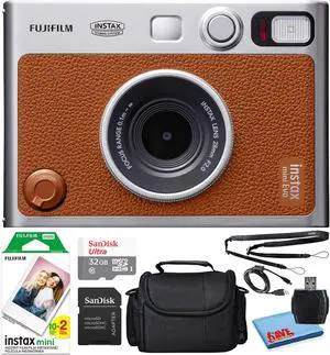 _Mega Brand Instax Mini EVO Hybrid Instant Film Camera (Brown) (16812534) Bundle with 20 Instant Film Sheets + 32GB Memory Card + Small Padded Case + SD Card Reader + Microfiber Cleaning Cloth