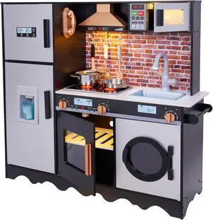 Lil' Jumbl Jumbl Kids Kitchen Set  Pretend Wooden Play Kitchen  Battery Operated Icemaker  Microwave  Range Hood  Stove Top  Oven  with Realistic Sound & Lights  Pots  Pan  & Utensils Included