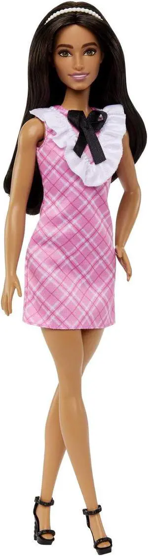 Barbie Fashionistas Doll #209 with Black Hair Wearing Removable Pink Plaid Dress  Pearlescent Headband & Strappy Heels