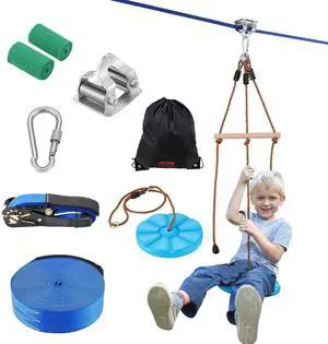 VEVOR Zipline Kit for Kids and Adult, 52 ft Zip Line Kits Up to 500 lb, Backyard Outdoor Quick Setup Zipline, Playground Entertainment with Zipline, Nylon Safety Harness, Seat, and Handlebar