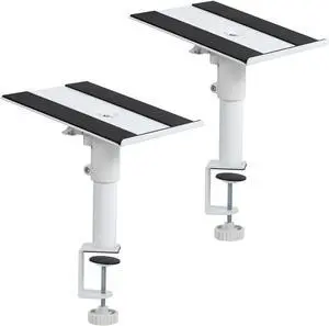 Clamp-on Speaker Stand Desk Mount Set, 10 x 9 inch Trays, Height Adjustment and Tilt, Universal Audio Holders for Computer and Bookshelf Speakers, Elevated Sound, 2 Pack, White, MOUNT-SP01CW Clamp-on Speaker Stand Desk Mount Set, 10 x 9 inch Trays, Height Adjustment and Tilt, Universal Audio Holders for Computer and Bookshelf Speakers, Elevated Sound, 2 Pack, White, MOUNT-SP01CW