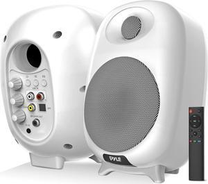 Pyleusa Hifi 60W Powered Bluetooth Bookshelf Monitor Speaker Set  Optical Rca In  Bass/Treble Adjustable  Deep Bass  3 Audio Mode  Studio Computer Desk Stereo System  Remote Control  White - Pbksr40Wt