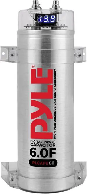 Pyle 6.0 Farad Digital Power Capacitor - High-Performance Car Audio Accessory With Blue Digital Display Voltage Readout Over Voltage Protection Mounting Hardware Dc 12-24V