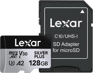 Lexar 128GB Professional Silver Plus microSDXC Memory Card w/SD Adapter  UHS-I  C10  U3  V30  Full-HD & 4K Video  Up to 205/150 MB/s Read/Write  for Videographers  Gamers (LMSSIPL128G-BNANU)