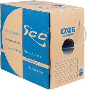 ICC Cat6 Plenum 1000ft - UTP 23AWG  100% Solid Pure Copper  Unshielded CMP  Bulk Ethernet Cable  PoE++  500MHz  Reelex Pull Box  UL Certified  RoHS and TAA Compliant  White